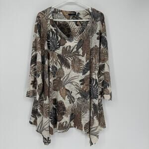 Nally & Millie Sweater Tunic Womens 1X Beige Tropical Leaf V Neck Resort Summer